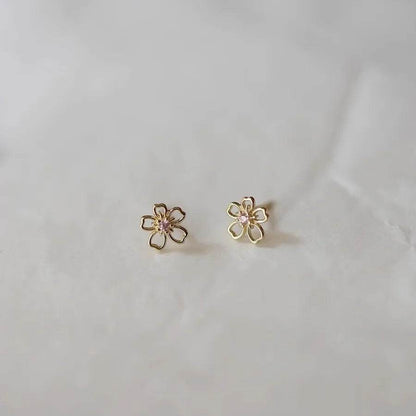 Genuine 925 Sterling Silver Plated 14K Gold Pink Zircon Cherry Blossom Earrings For Women Romantic Earrings Fine Jewelry - Touchy Style