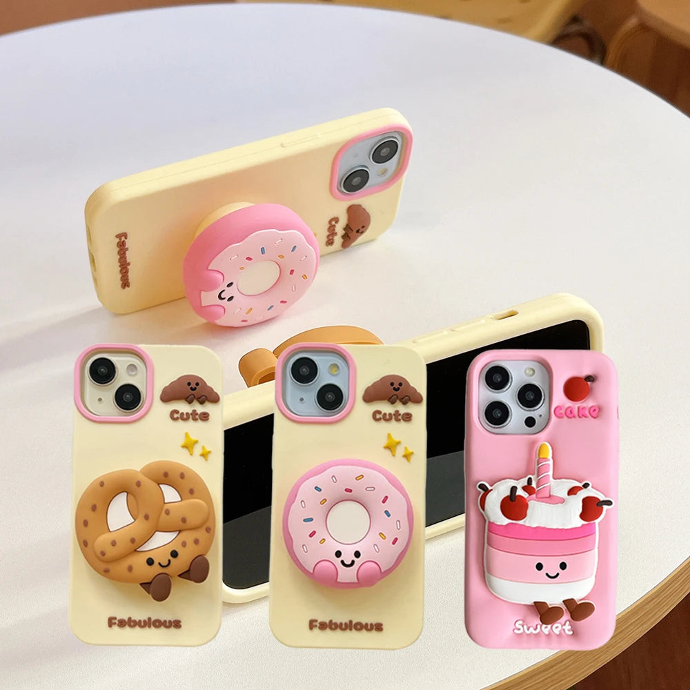 Cute Sweet Fabulous Donut Cookies Bread Cake Case For iPhone 16 15 14 Plus 13 12 Pro Max Soft Silicone Cover With Stand Holder