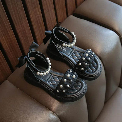 Summer Sandals for Girls 2024 New Versatile Dancing Shoes PU Leather Soft Non-slip Casual Beading Wedge Shoe for Princess H01071 - Touchy Style