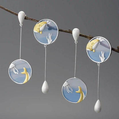 Lotus Fun Agate Exclusive Gemstone Underwater World Whale Asymmetrical Long Drop Earrings for Women 925 Sterling Silver Jewelry - Touchy Style