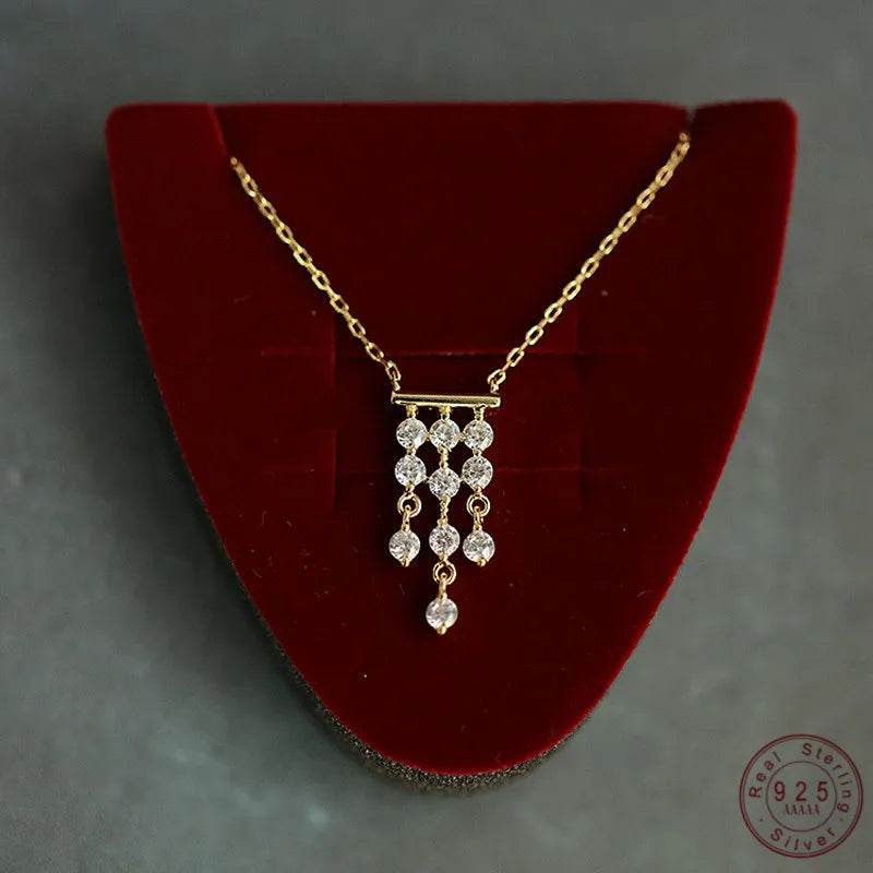 French Luxury S925 Sterling Silver Plated 14K Gold Necklace Gorgeous Vintage Tassel Zircon Pendant Necklace for Women Jewelry - Touchy Style