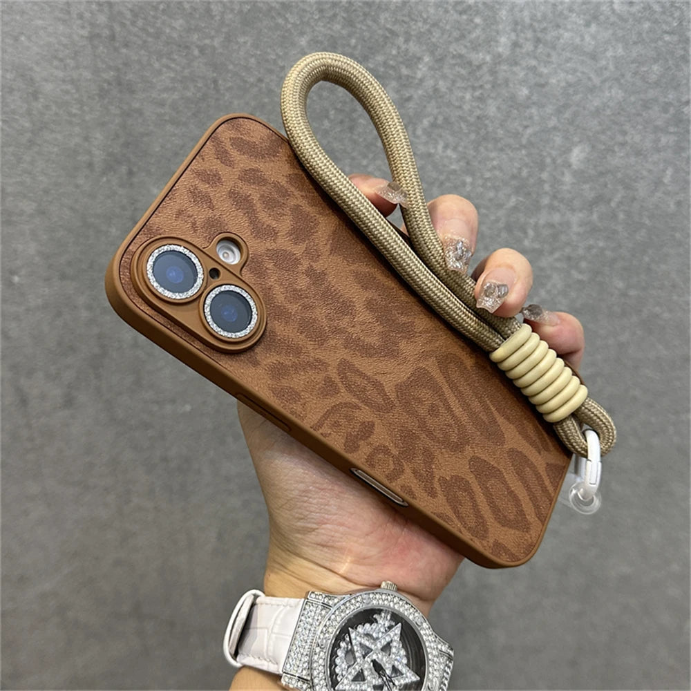 Fashion Leopard Print Pattern Bracelet Wrist Strap Cute Phone Case For iPhone 15 14 13 12 11 16 Pro Max Plus Shockproof Bumper Cover