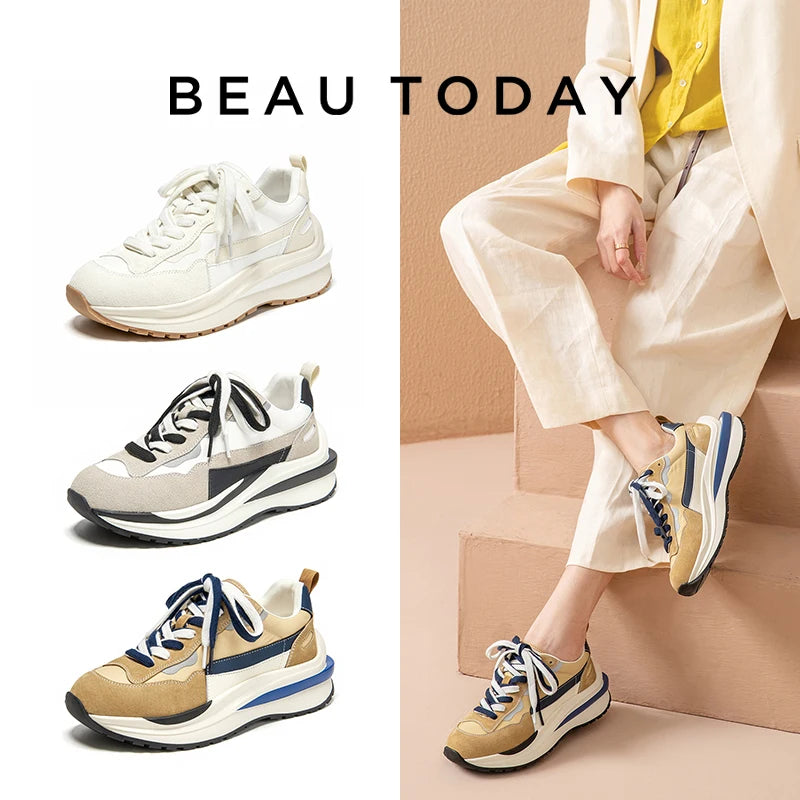 BeauToday Casual Sneakers Women Cow Suede Synthetic Leather Patchwork Mixed Colors Lace-Up Round Toe Ladies Waffle Shoes 29439