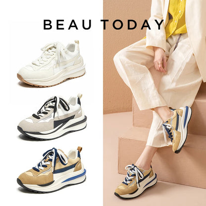 BeauToday Casual Sneakers Women Cow Suede Synthetic Leather Patchwork Mixed Colors Lace-Up Round Toe Ladies Waffle Shoes 29439