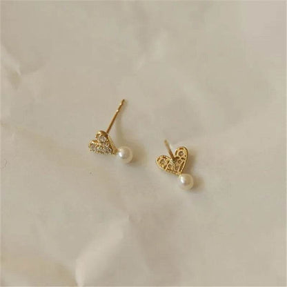 925 Sterling Silver 14k Gold Plated Stud Earrings Mock Pearl Zircon Heart Earrings for Women Elegant Temperament Jewelry - Touchy Style