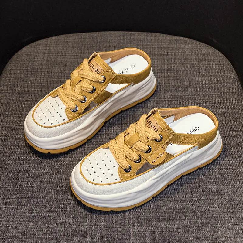 Genuine Leather Slippers Women Hollow Mules Summer Height Increasing Breathable Casual Shoes Wedges Platform Lace-up Sneakers - Touchy Style