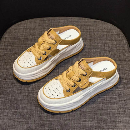 Genuine Leather Slippers Women Hollow Mules Summer Height Increasing Breathable Casual Shoes Wedges Platform Lace-up Sneakers - Touchy Style