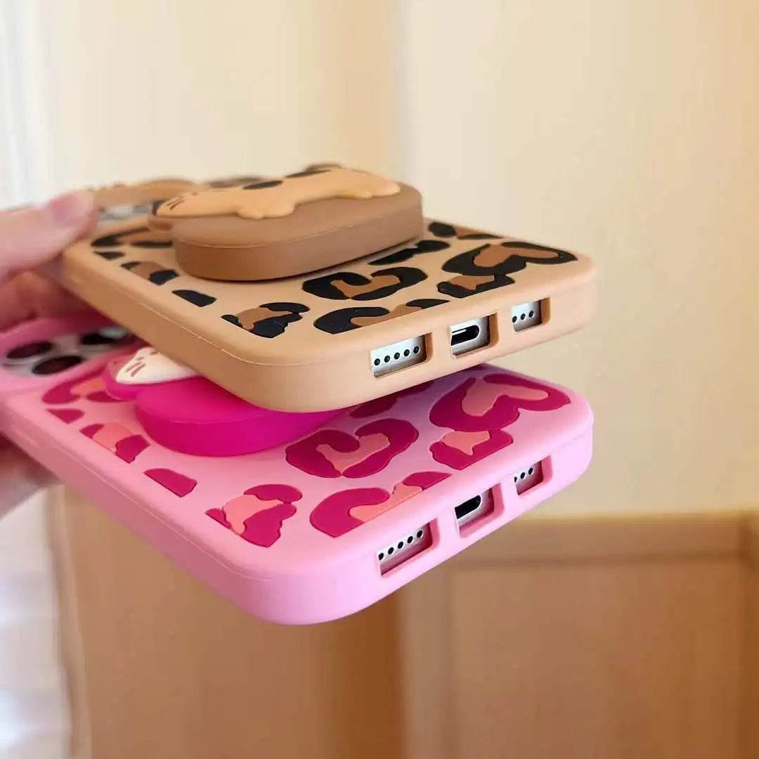 Cute Phone Cases - 3D Heart Leopard and Printed Cat Bracket - Cat Ears Kitten Camera Protection Cover - IC5021 - Touchy Style