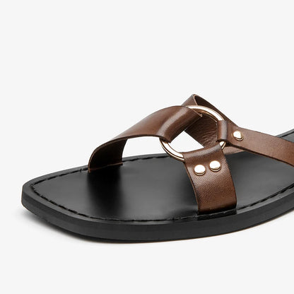 BEAUTODAY Fashion Sandals Women Genuine Cow Leather Buckle Strap Metal Decoration Solid Color Summer Ladies Shoes Handmade 32441