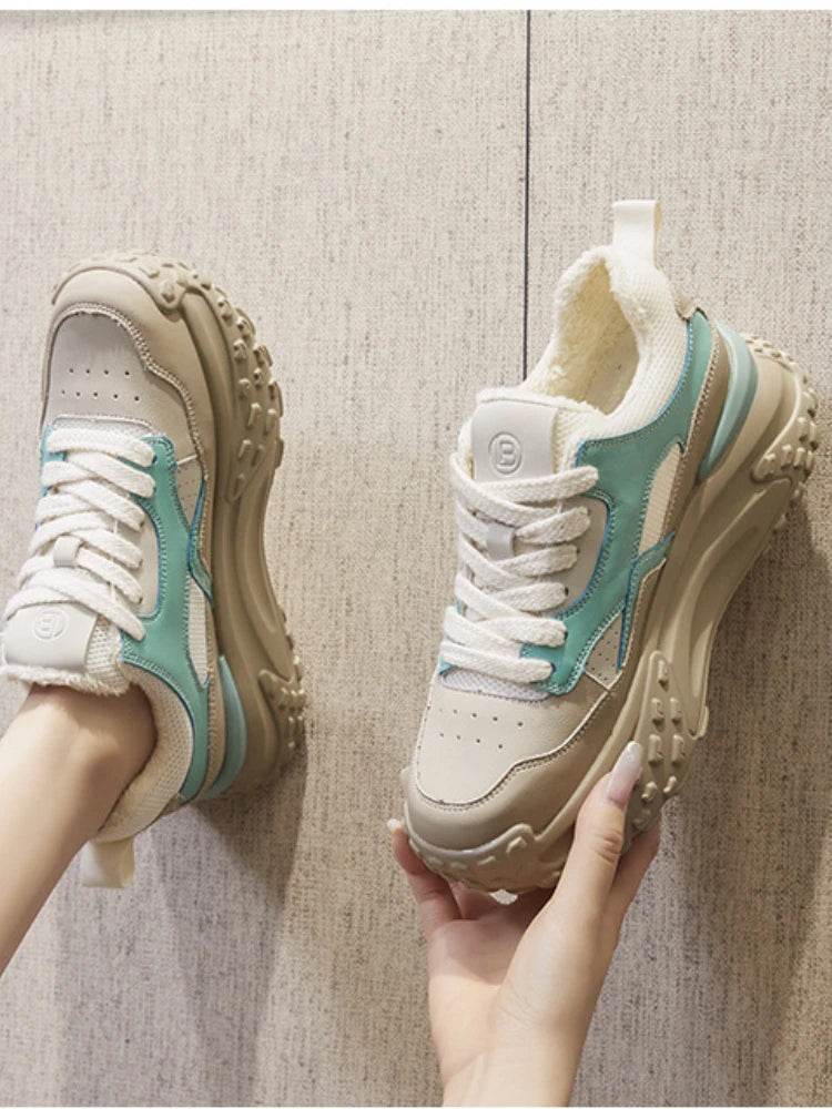 6cm Genuine Leather Platform Mesh Breathable Sneakers Chunky Hidden Heel Mixed Color Women Autumn Spring Vulcanize Shoes - Touchy Style