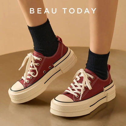 BEAUTODAY Canvas Shoes Women Split Leather Solid Color Spring Outdoors Lace-up Ladies Shoes Handmade 29248