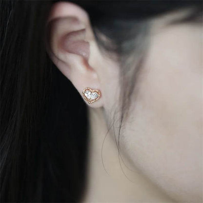 925 Sterling Silver Plated 18K Gold Zircon Heart Earrings for Women Korean Cute Sweet Party Jewelry - Touchy Style