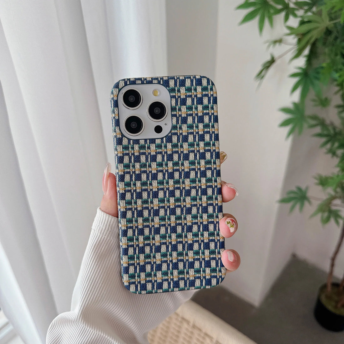 Luxury Cloth Braid Lattice Contrasting Color Phone Case For iPhone 15 14 Plus 13 12 11 Pro Max Slim Shockproof Protection Cover