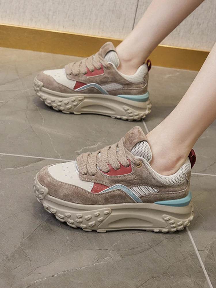 6cm Genuine Leather Platform Mesh Breathable Sneakers Chunky Hidden Heel Mixed Color Women Autumn Spring Vulcanize Shoes - Touchy Style