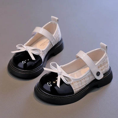 Girls Patchwork Black Leather Shoes Autumn Butterfly-knot Lolita Children Mary Janes Elegant Round Toe Comfort Kids Shoes H07164 - Touchy Style