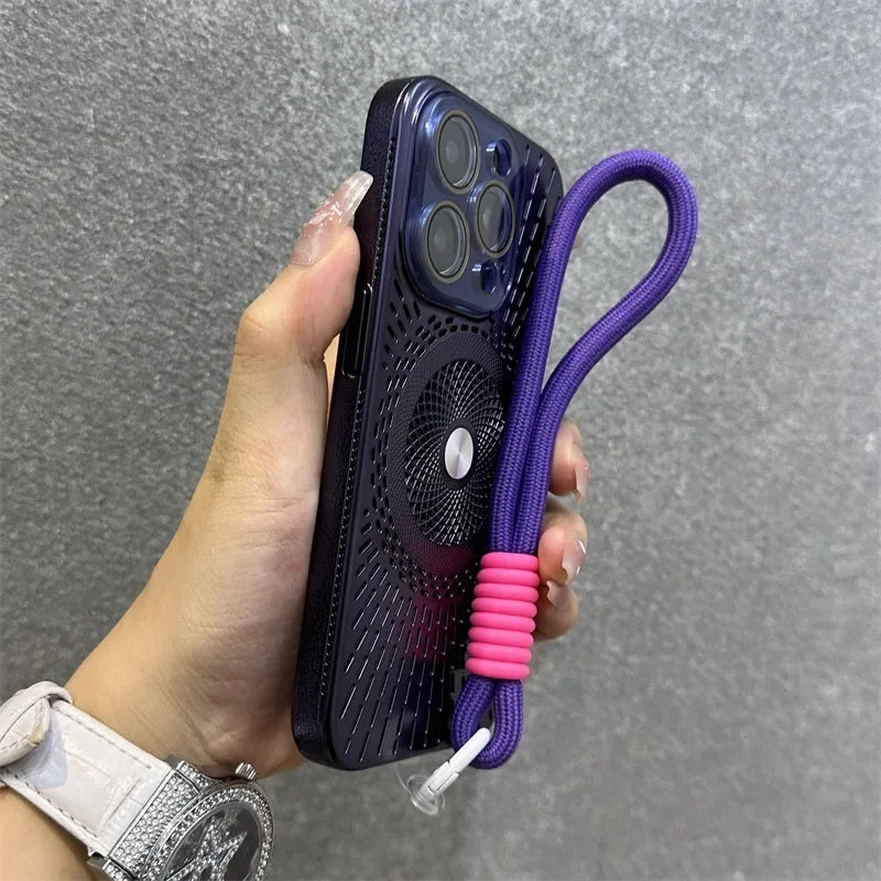 Luxury Wristband Lanyard Magnetic Case for iPhone 16 15 14 13 12 Pro Max 16 Plus Magsafe Hollow Out Heat Dissipation Slim Cover