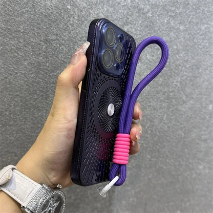 Luxury Wristband Lanyard Magnetic Case for iPhone 16 15 14 13 12 Pro Max 16 Plus Magsafe Hollow Out Heat Dissipation Slim Cover