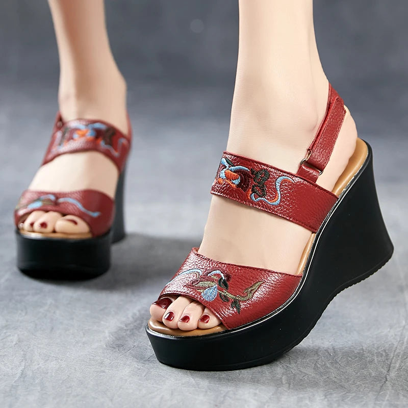 New Women Luxury Platform Wedge Sandals Cow Genuine Leather Summer Shoes Hollow Pumps Casual Breathable Leisure