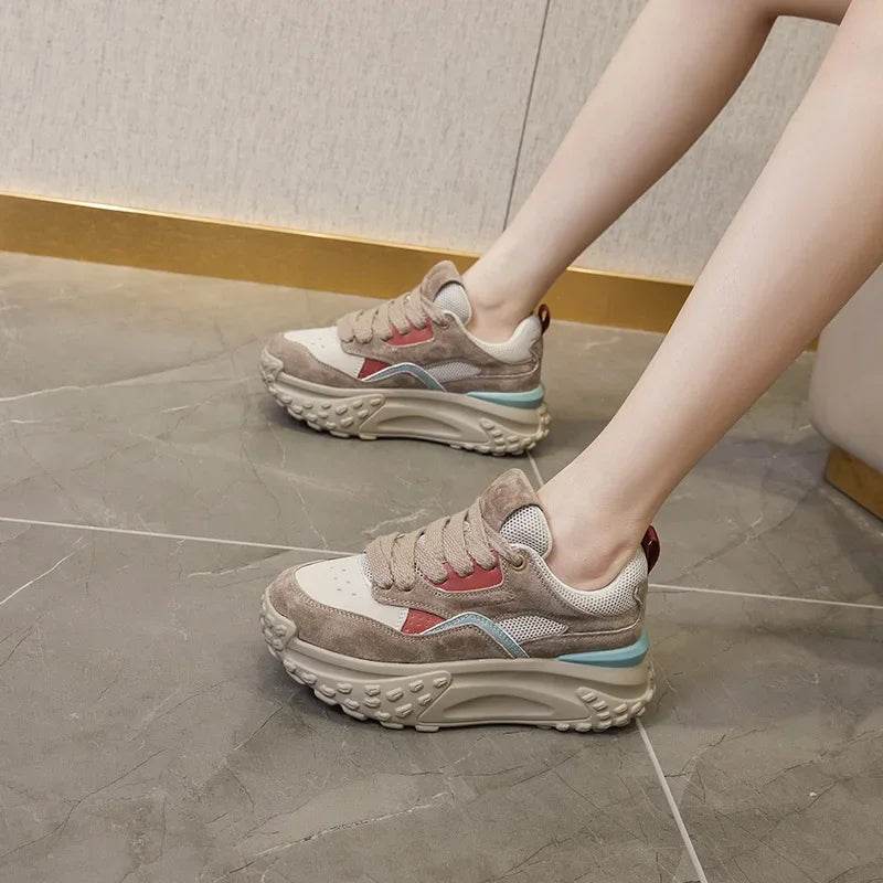 6cm Genuine Leather Platform Mesh Breathable Sneakers Chunky Hidden Heel Mixed Color Women Autumn Spring Vulcanize Shoes - Touchy Style