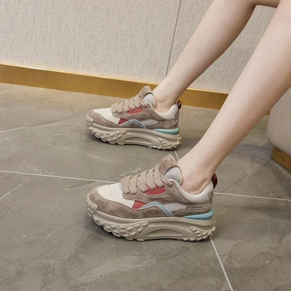 6cm Genuine Leather Platform Mesh Breathable Sneakers Chunky Hidden Heel Mixed Color Women Autumn Spring Vulcanize Shoes - Touchy Style