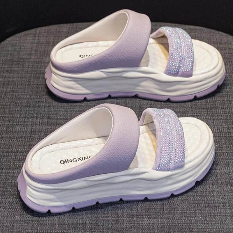 Crystal Genuine Leather Slippers Women Thick Sole Summer Height Increasing Casual Shoes Wedges Platform Slides