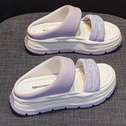 Crystal Genuine Leather Slippers Women Thick Sole Summer Height Increasing Casual Shoes Wedges Platform Slides