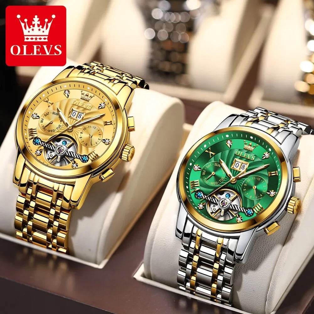 OLEVS Mens Watch Automatic Mechanical Tourbillon Slef-Wind Luxury Stainless Steel Strap Waterproof Luminous Date Wrist Watch - Touchy Style