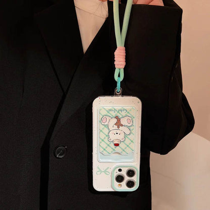 Cute Phone Cases For iPhone 16, 15, 14, 13 Pro Max, Xr, 15, 14, 16 Plus - Cherry Cake Bear Doll - Green plaid Photo Card Holder - IC5320 - Touchy Style