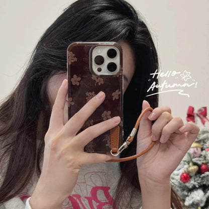 Cute Phone Cases for iPhone 16, 15, 14, 13 Pro Max - Leather Floral Prints With Leather Wrist Band - Chic Back Cover - PC2420 - Touchy Style