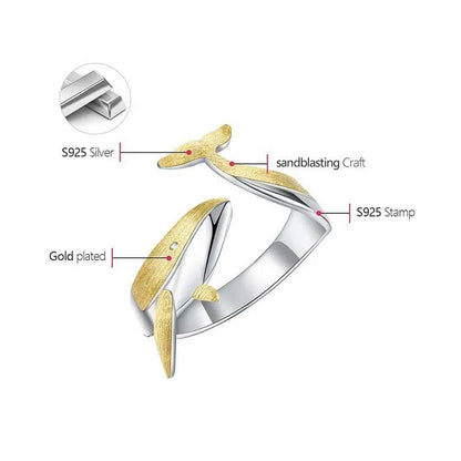 Lotus Fun 18K Gold Personality Whale Dating Adjustable Rings for Women Original 925 Sterling Silver Luxury Quality Fine Jewelry - Touchy Style