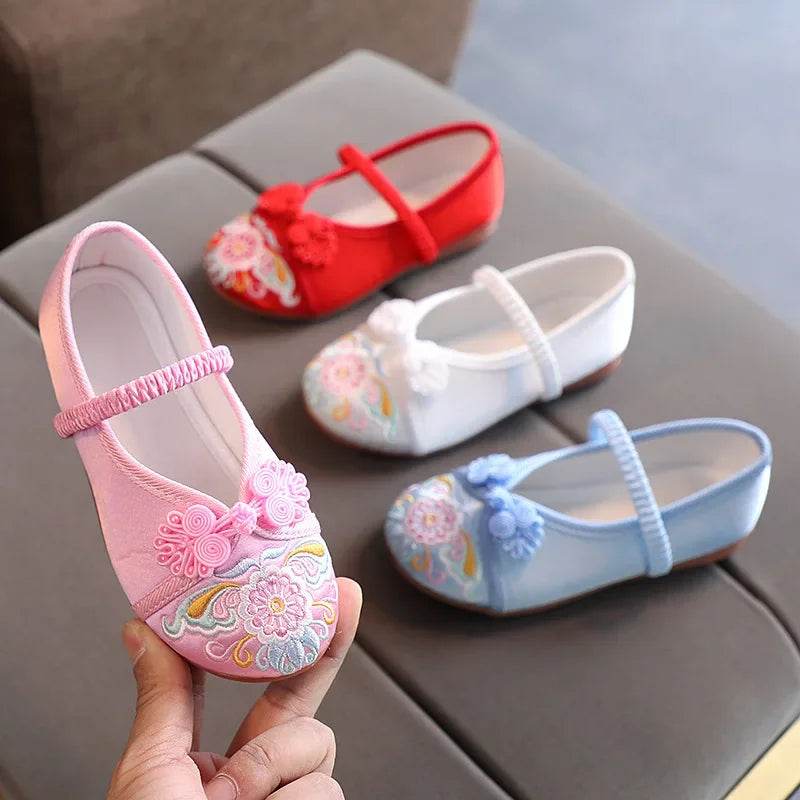 Handmade Embroidery Kids Shoes Chinese Style Cloth Surface Shoes for Girls Elegant Traditional Flower Pattern Hanfu Shoes F01173 - Touchy Style