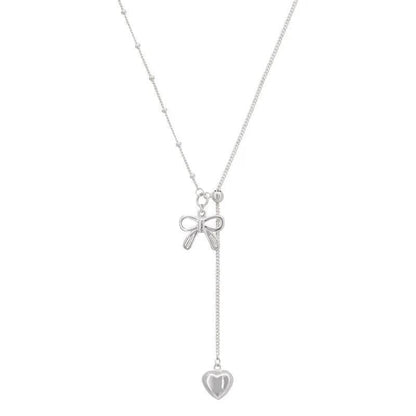 PANJBJ 925 Sterling Silver Bowknot Necklace For Women Love Heart Tassels Bead Choker Adjustable Jewelry Dropshipping - Touchy Style