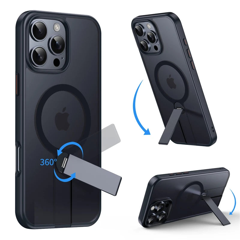 360 Hidden Metal Stand Magnetic Case for Magsafe IPhone 16 15 14 13 12 Pro Max Plus IPones i16 i15 ProMax Mag Safe Phone Cover