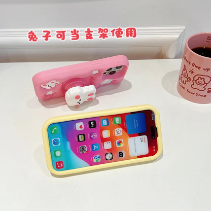 Cute Phone Cases - 3D Rabbit Folding Silicone Stand Cover for iPhone 15/14/13/12/11 Pro Max - TSP286