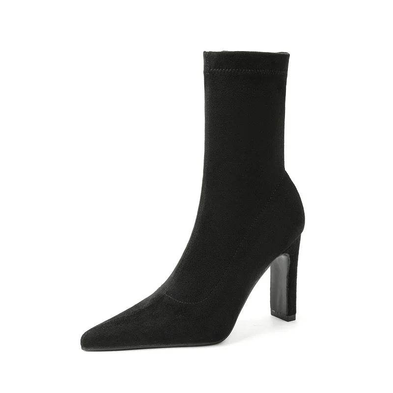 Winter Thick Heel Sock Flock Women Boots Pointed Toe Ankle Booties Sexy Female Shoes Plus Size 34-42 - Touchy Style