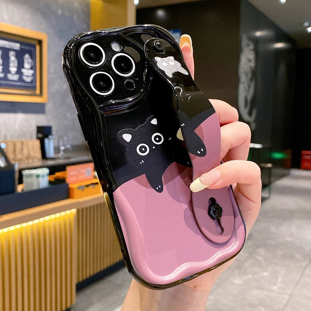 Soft TPU Wrist Strap Case For iPhone 16 15 14 13 12 11 Pro Max X Xs Max XR 16E 7 8 Plus Black Cat Wrist Strap Phone Holder Cover