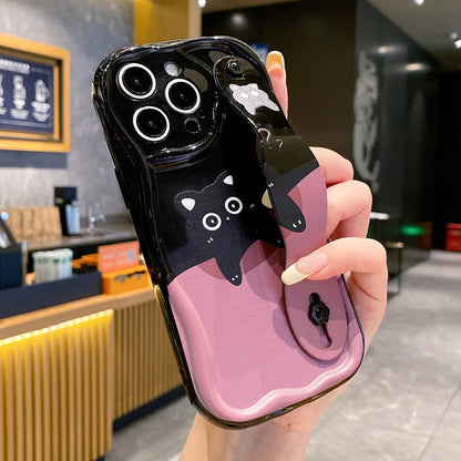 Soft TPU Wrist Strap Case For iPhone 16 15 14 13 12 11 Pro Max X Xs Max XR 16E 7 8 Plus Black Cat Wrist Strap Phone Holder Cover