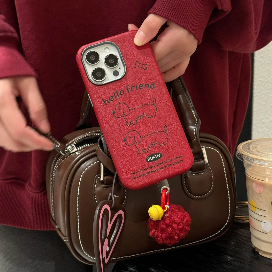 Cute Phone Cases For iPhone 16, 15, 14, 13 Pro Max - Red Leather Cover - Dog Pattern with Fluffy Dangle - PC616 - Touchy Style