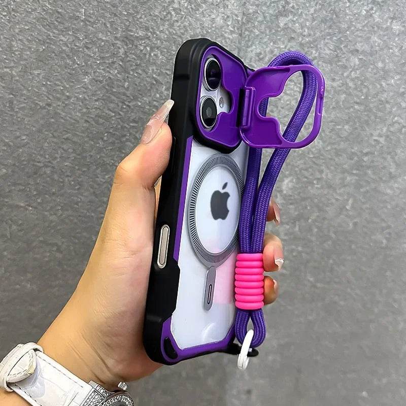 Lens Protection Bracket Magnetic Armor Case for iPhone 16 12 13 14 15 Pro Max Plus 11 Magsafe Charge With Wristband Phone Cover - Touchy Style