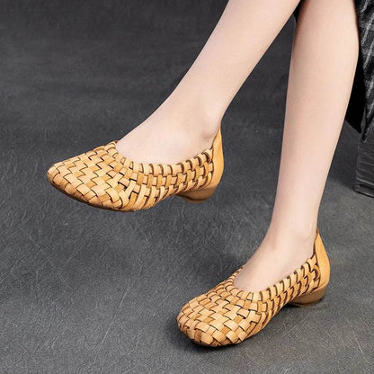 Autumn New Vintage Versatile Genuine Leather Woven Flat Shoes Handmade Round Toe Handmade Soft Sole Slip-on Shoes - Touchy Style