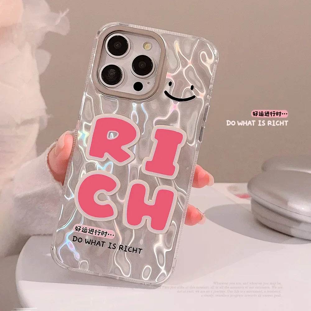 Cute phone Cases For iPhone 15, 14, 13, 12 Pro Max, 15 14 Plus - Pink Good Luck Rich Letters, Water Ripple Art Cover - IC7011 - Touchy Style