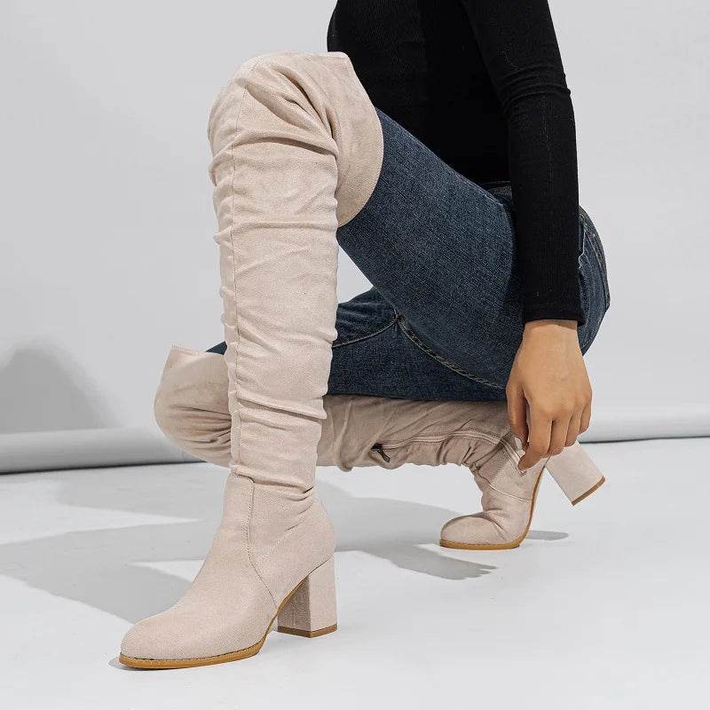 New Winter Zipper Women Over-the-Knee Boots Fashion Flock Square Heel Shoes Thigh High Long Botas De Mujer - Touchy Style