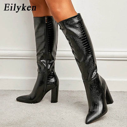 Black Serpentine Fashion Women Knee High Boots Sexy Pointed Toe Square Heels Ladies Long Boot Zipper Female Shoes - Touchy Style