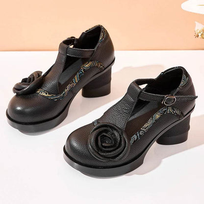 Spring Women Pumps Retro Lady 7CM High Heels Buckle Strap Flower Pumps Handmade Women Genuine Leather Shoes