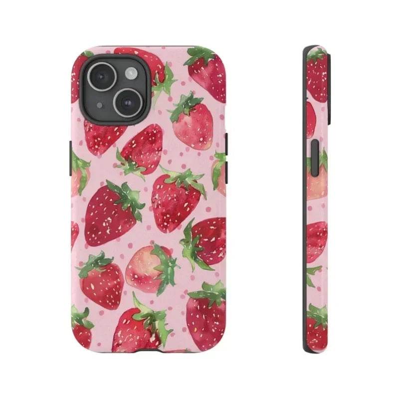Cute Phone Cases For iPhone 16ProMax, 15, 14, 13, 12, 11 PRO Plus - Watercolor Strawberry Pattern - Acrylic TPU Cover - Touchy Style