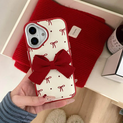 Cute Phone Cases - Leather Texture Red Bowknots - Vintage Back Cover for iPhone 16 15 14 13 Pro Max - Touchy Style