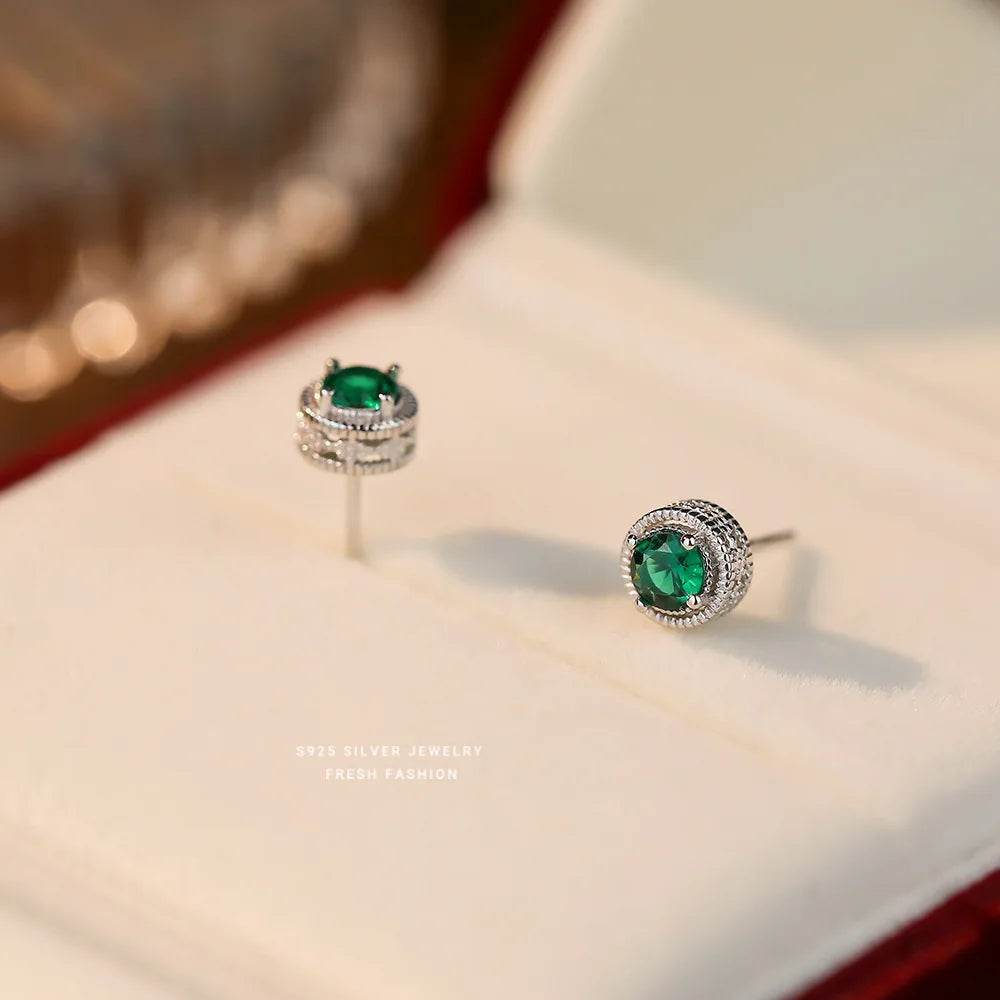 925 Sterling Silver French Light Luxury Baroque Carved Green Zircon Stud Earrings For Women Wedding Party Jewelry - Touchy Style