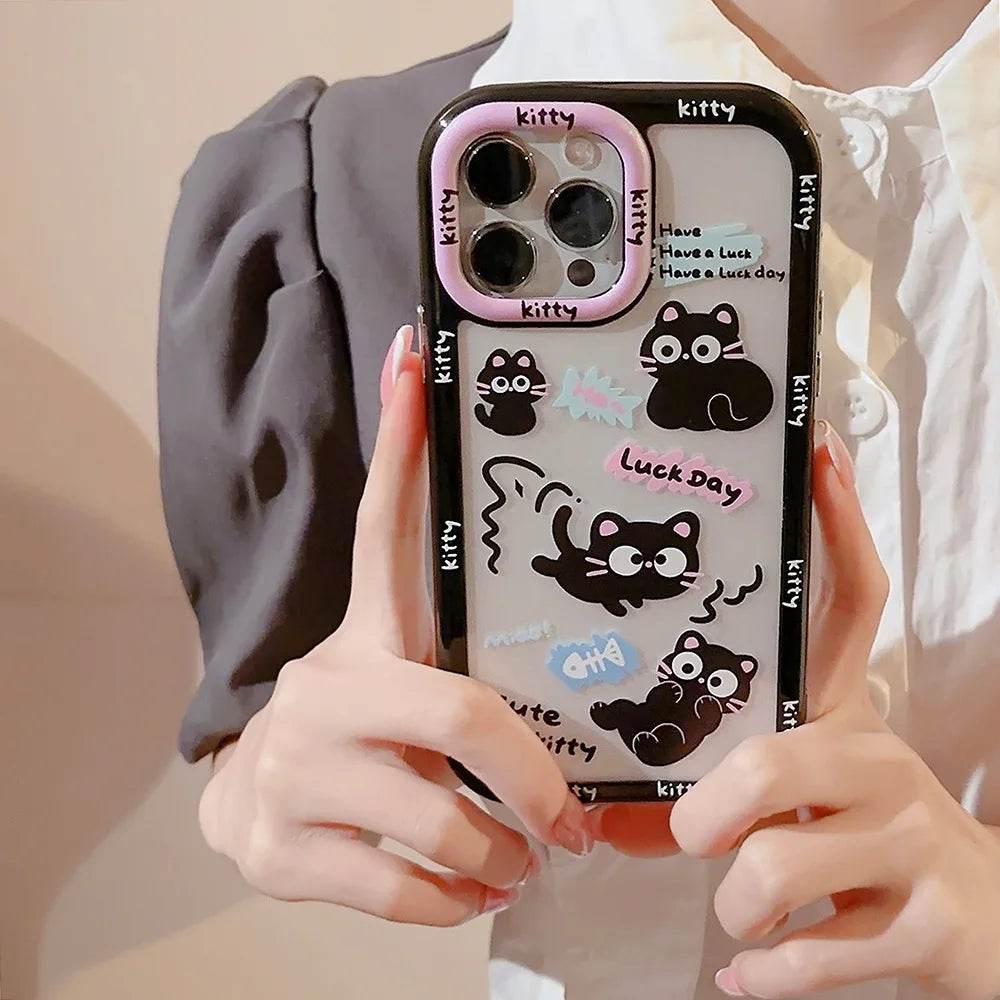 Cute Phone Cases For iPhone 16, 15, 14, 13, 12, 11 Pro Max, Xr, 16 Plus - Funny Black Cat Cartoon Cover with Wristchain - IC9420 - Touchy Style