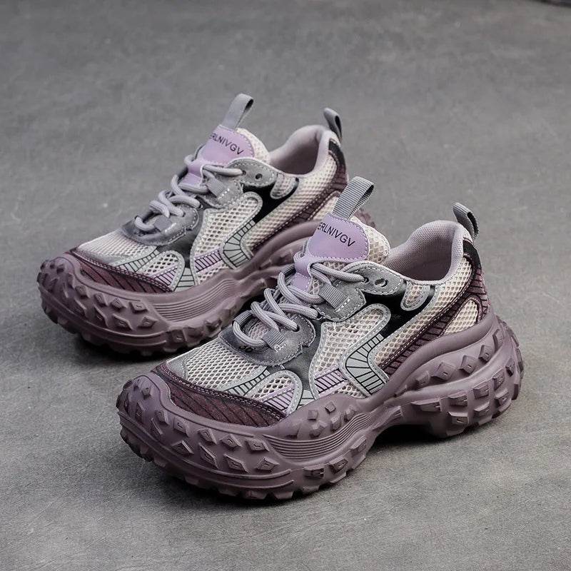 Genuine Leather Shoes Women Sneakers Lace-up Retro Mixed Colors New Spring Handmade Concise Platform Sneakers - Touchy Style