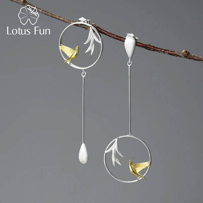 Lotus Fun Real 925 Sterling Silver Swallow and Willow in Spring Wind Long Asymmetrical Dangle Earrings for Women Fine Jewelry - Touchy Style